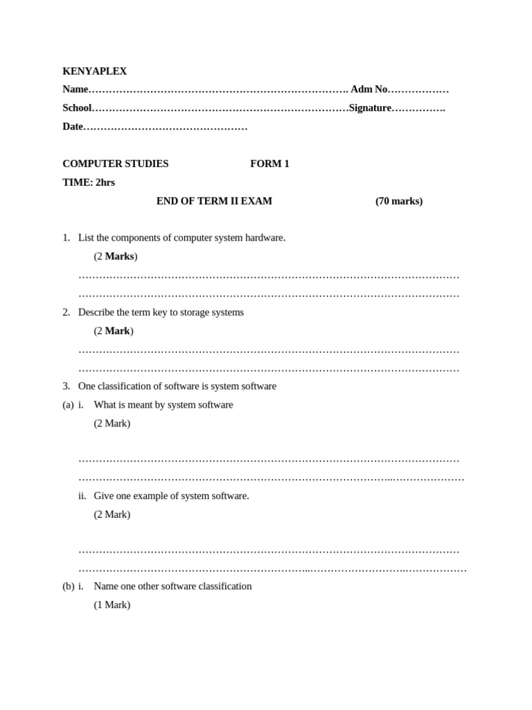 Form 1 Computer Studies Exam Guide | PDF | Computing | Computer ...