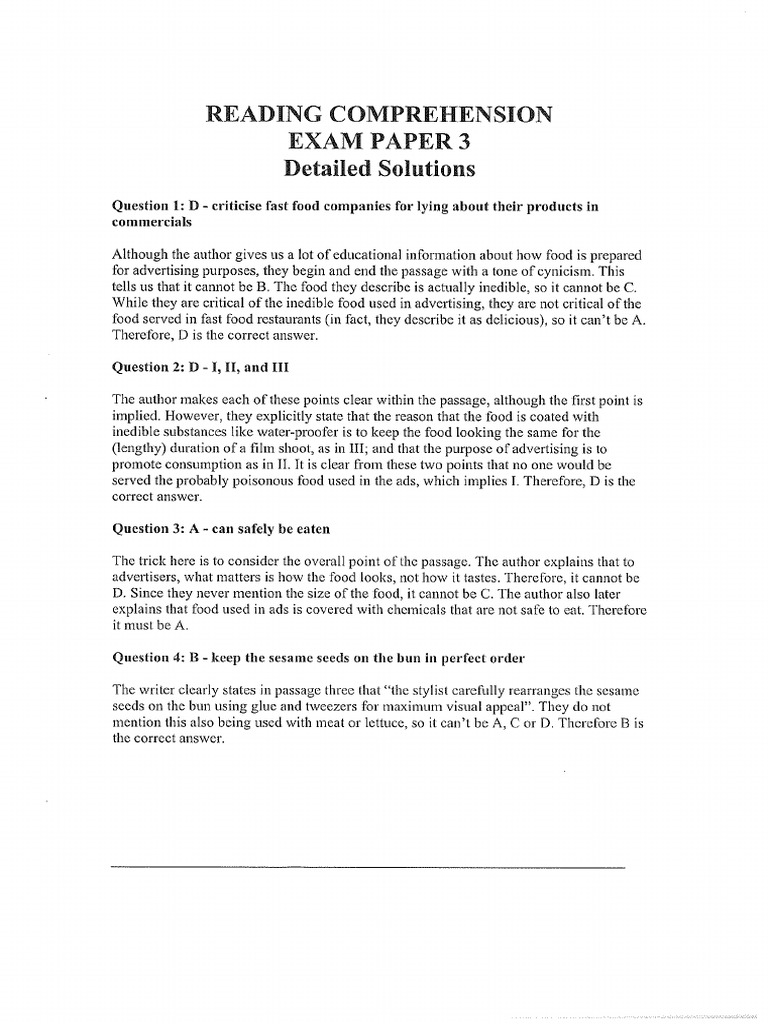 Reading Comprehension Exam Paper 3 Answers | PDF