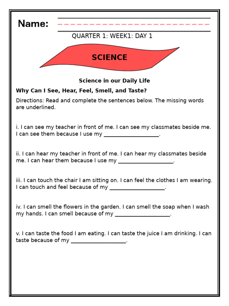 Worksheet Science3 q1 Week1 | PDF | Senses | Nervous System