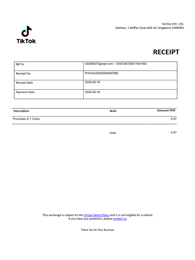 Receipt: Tiktok Pte. Ltd. Address: 1 Raffles Quay #26-10, Singapore ...