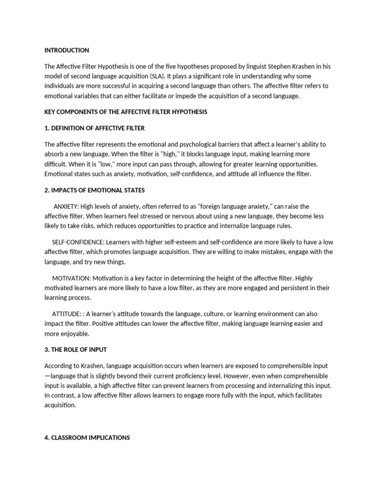 Affective Filter Hypothesis in Language Learning | PDF | Second ...