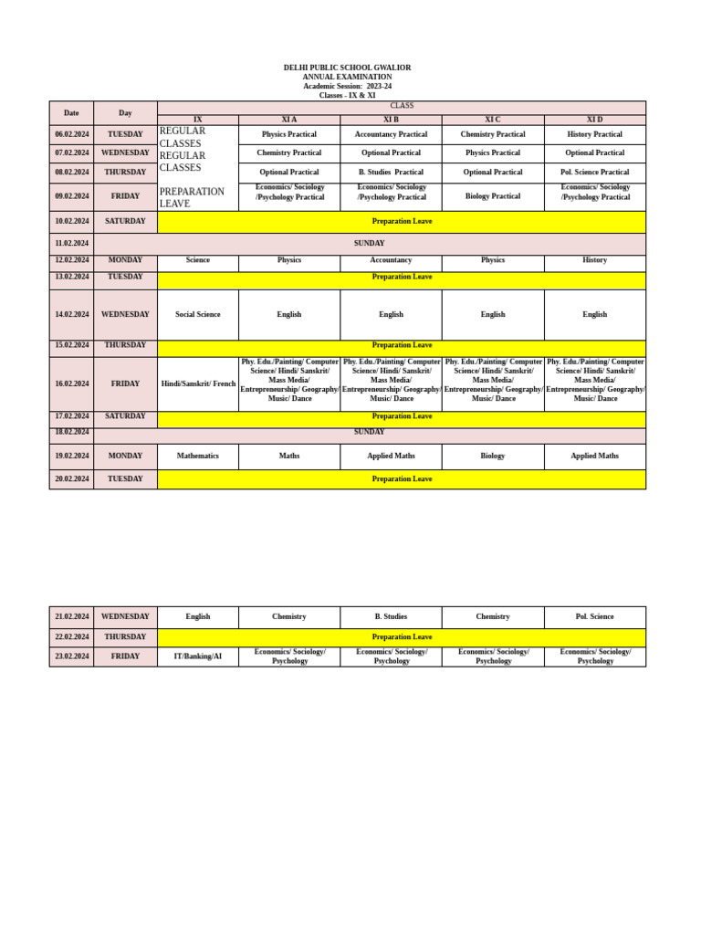 DPS Gwalior Class IX & XI Exam Schedule | PDF | Applied Mathematics ...