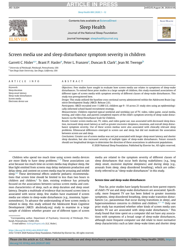 Screen Media Use and Sleep Disturbance Symptom Severity in Children ...