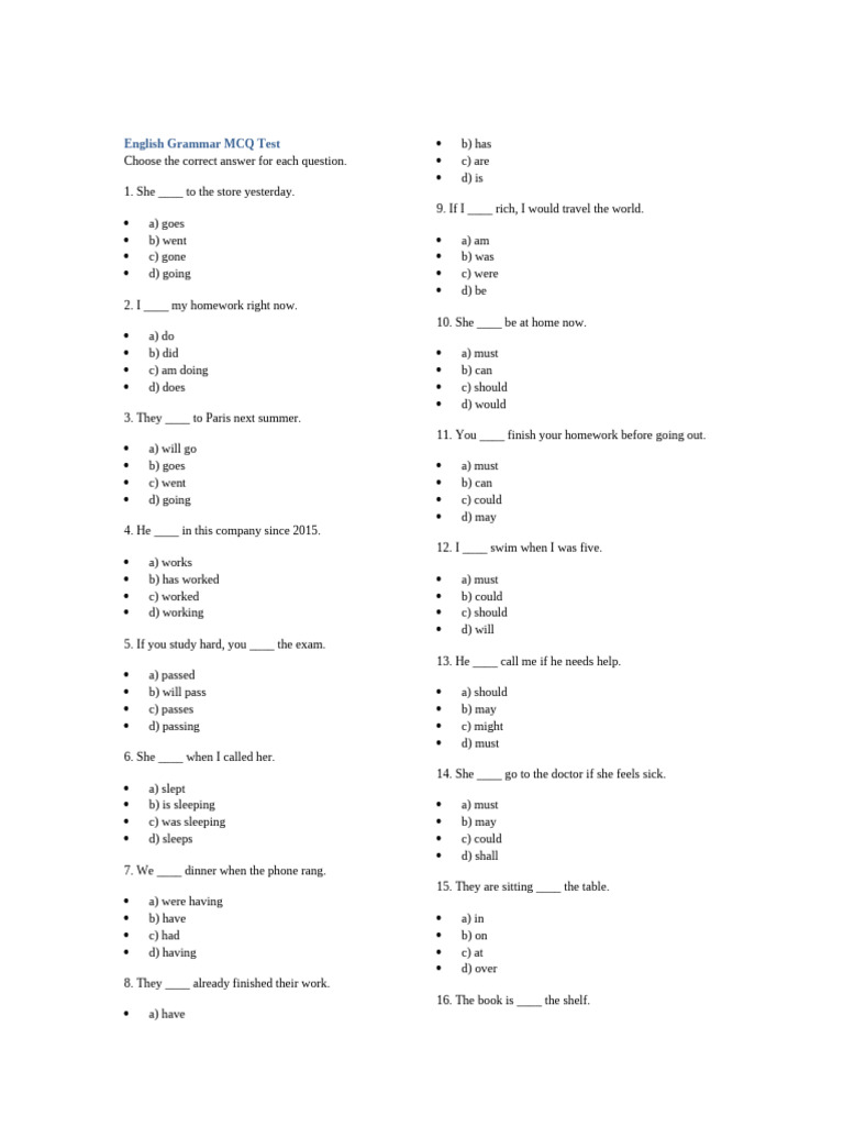 English Grammar MCQ Test. 29.03.2025docx | PDF | Chess Openings | Chess