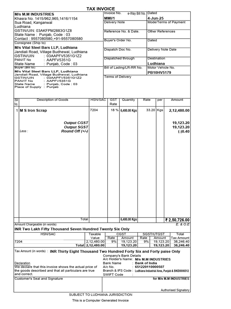 Invoice for Vital Steel Bars LLP | PDF | Taxation | Payments