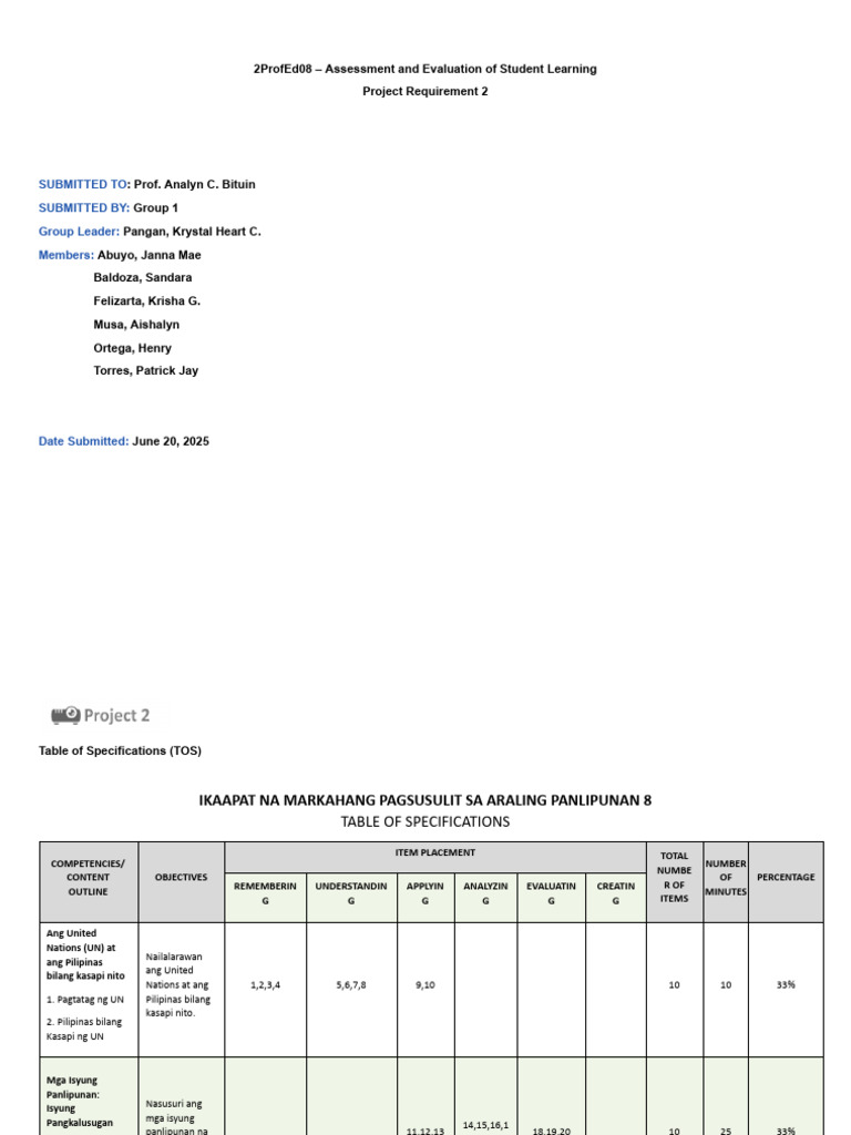 Assessment of Student Learning TOS | PDF | Cognition