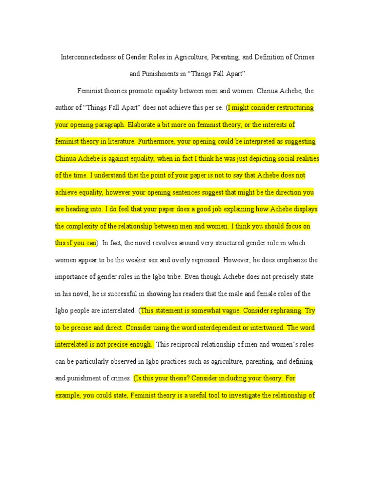 Gender Roles, Things Fall Apart Essay | Pdf | Gender Role | Feminist Theory