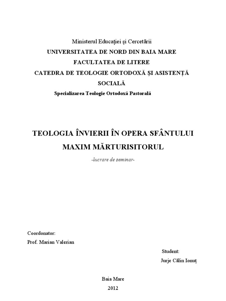 Teologia Invierii Sfantului Maxim Marturisitorul