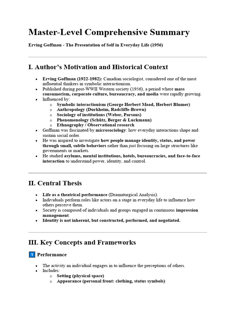 Summary page of The Presentation of Self in Everyday Life by Goffman