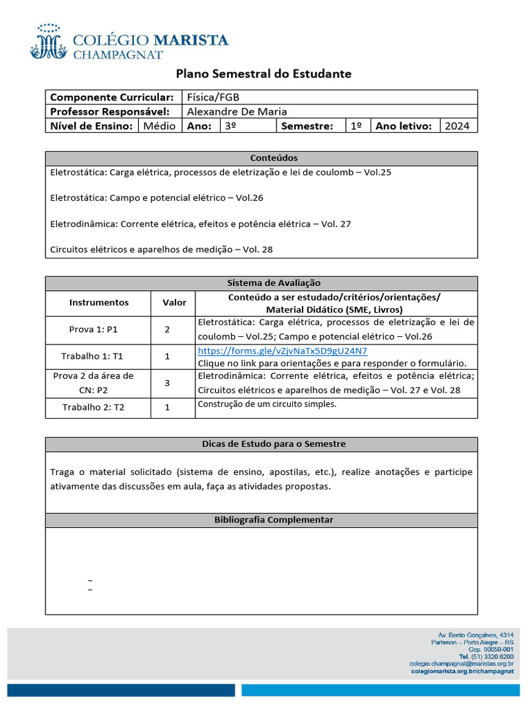 Plano Semestral Do Estudante - 3 Ano - 1 Semestre - Componente Fi ...