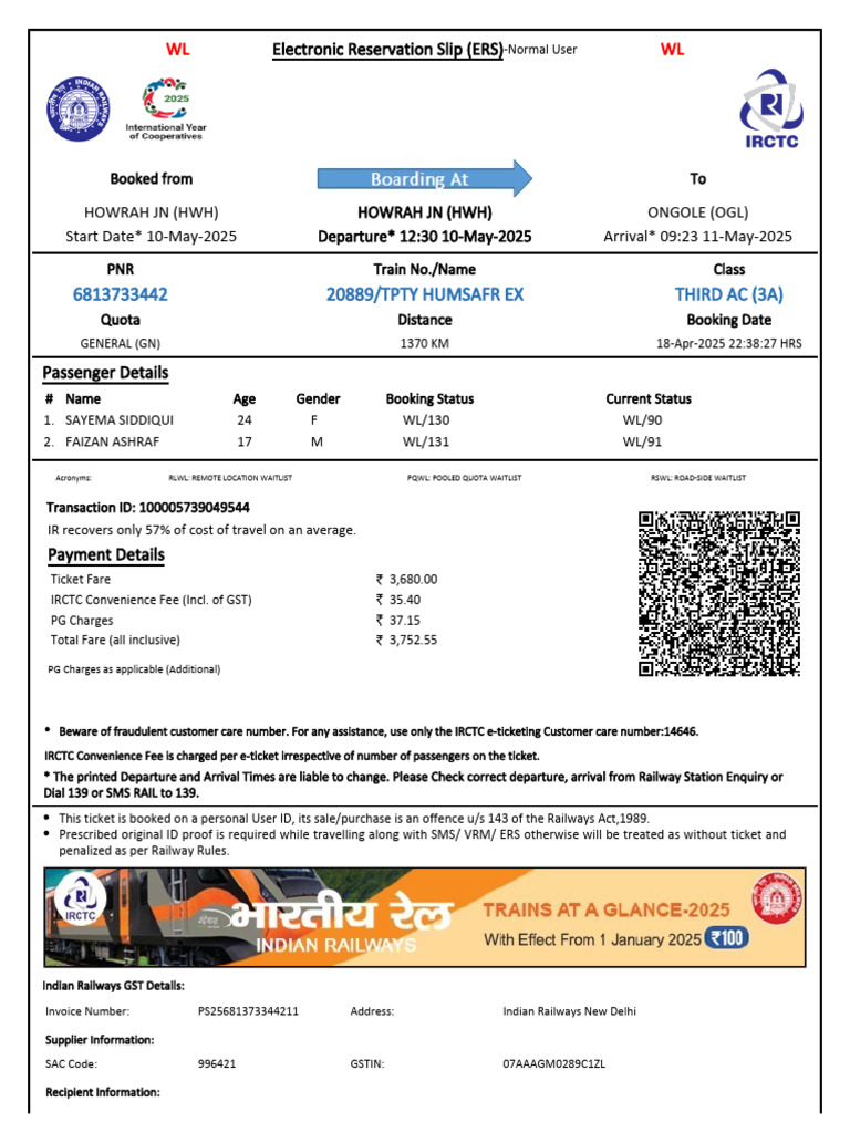 20889/tpty Humsafr Ex Third Ac (3A) : WL WL | PDF | Identity Document ...