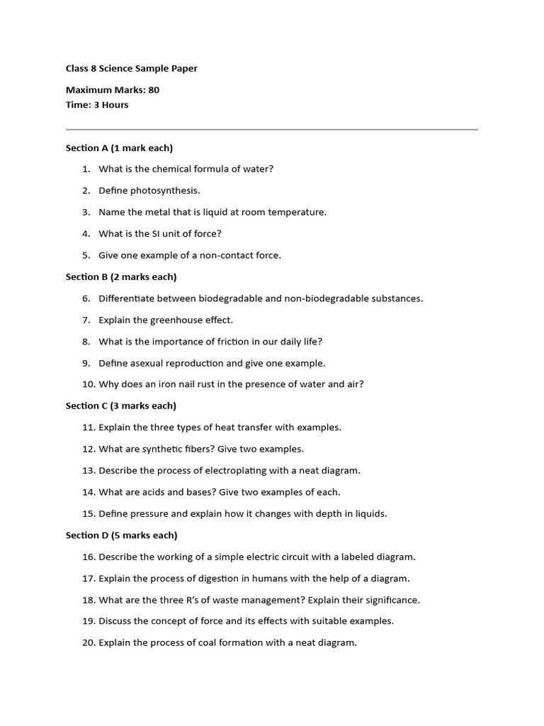 Class 8 Science Sample Paper 2024-25 | PDF