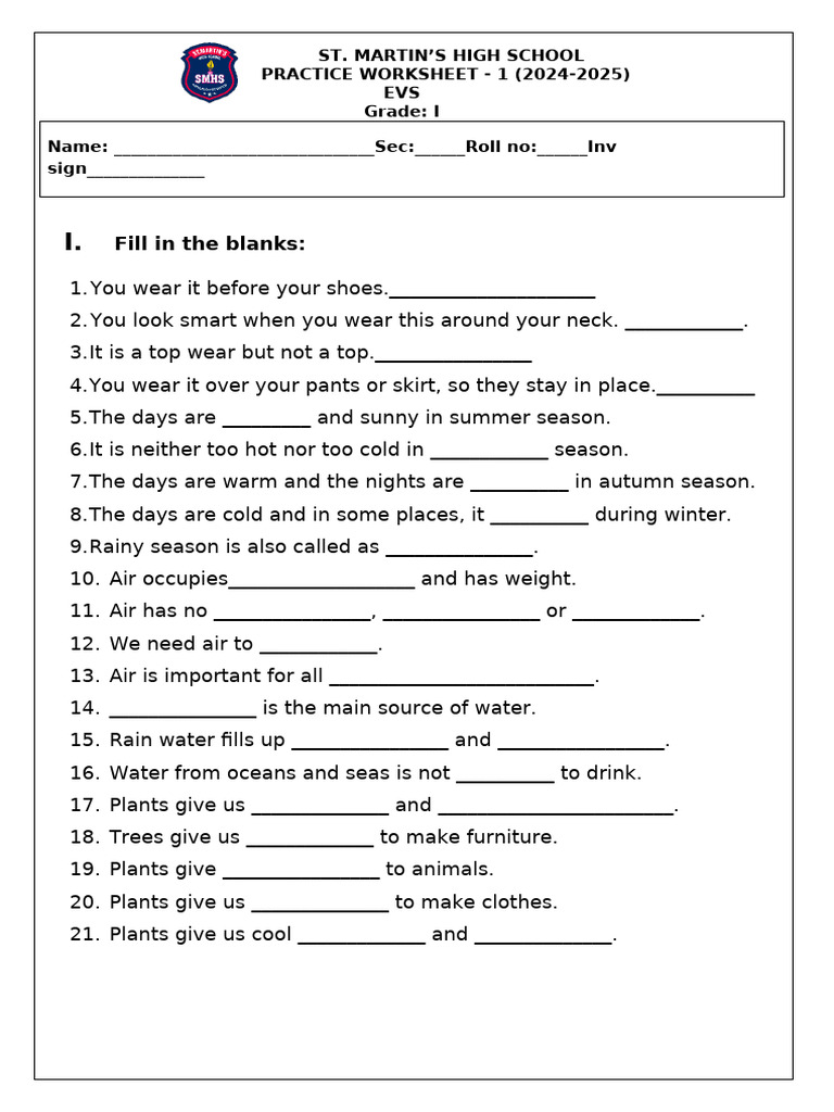 EVS Practice Worksheet for Grade 1 | PDF