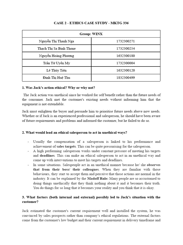 MKTG 336 Case 2 Ethics Case Study Winx Group | PDF | Sales | Morality