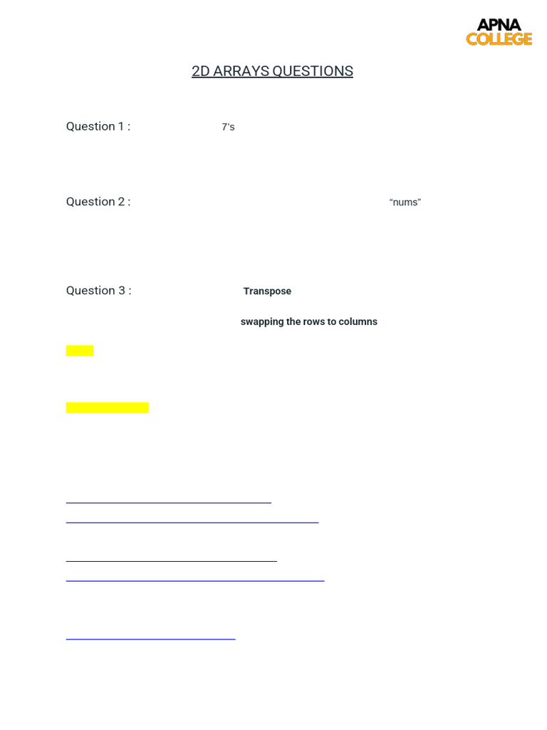 2D Arrays Questions | PDF