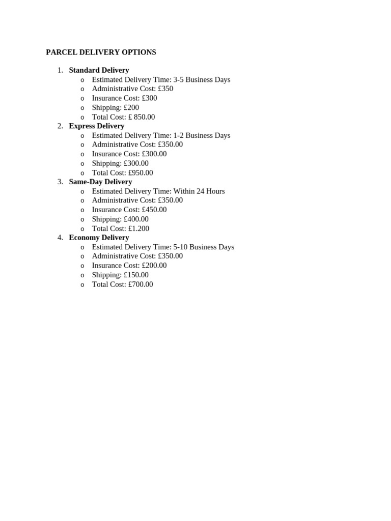 Parcel Delivery Options and Costs | PDF