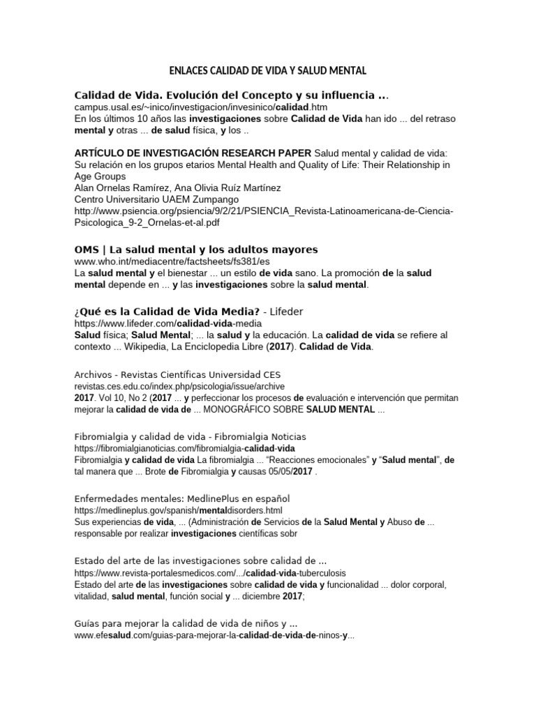 Enlaces Calidad Vida y Salud Mental | PDF | Salud mental | Sicología