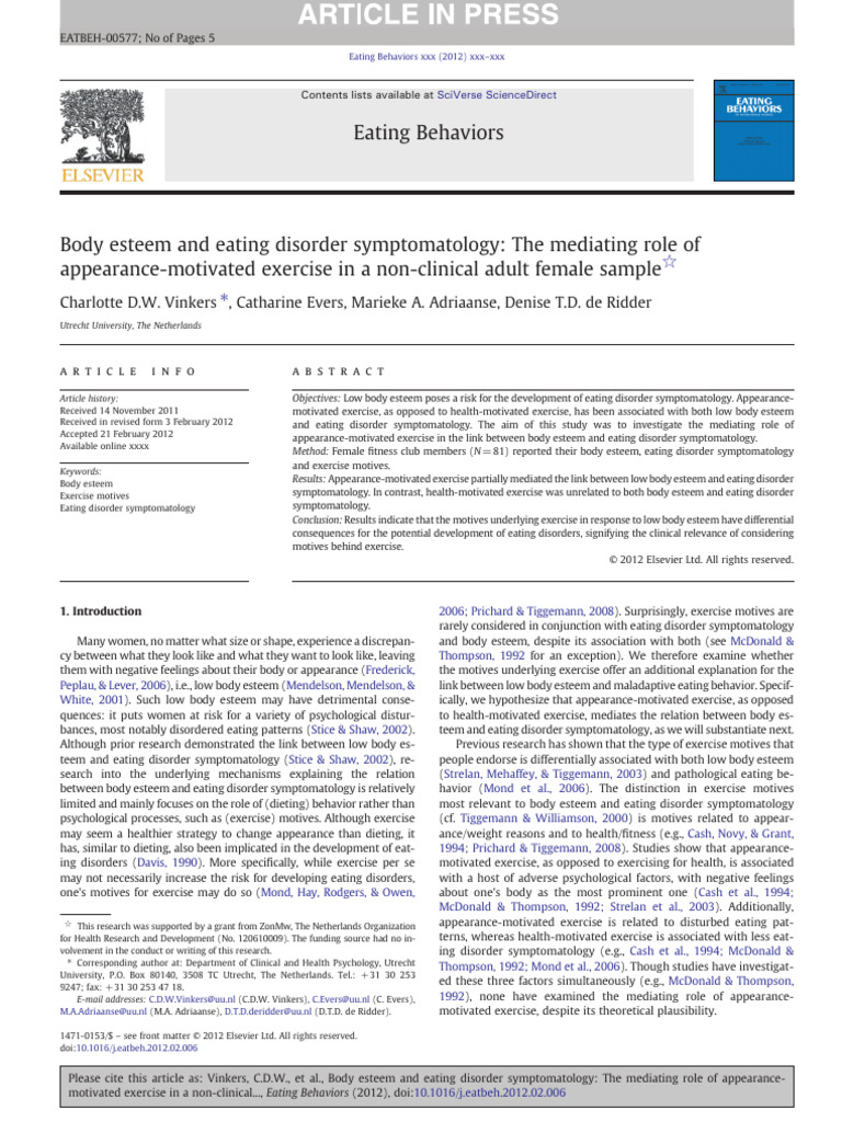 Body Esteem and Eating Disorder Symptomatology The Mediating Role of ...