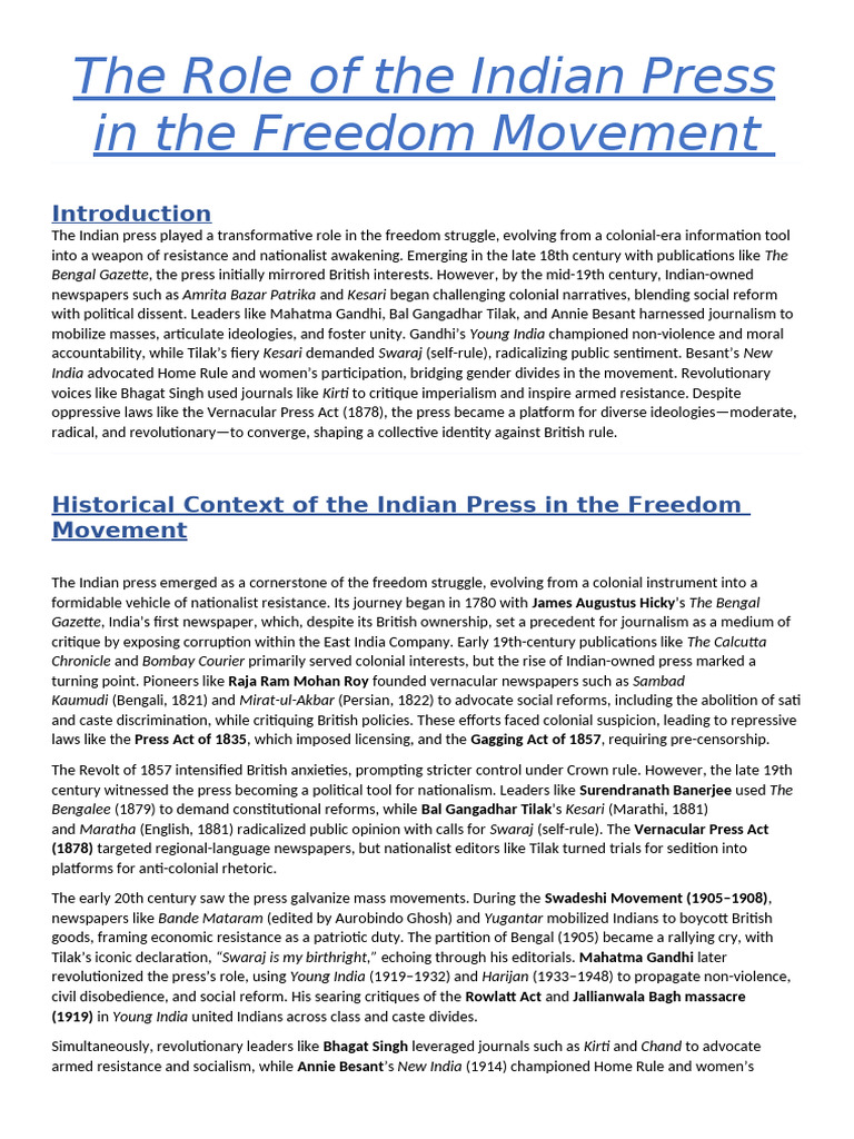 Indian Press in Freedom Movement | PDF | British Raj | Mahatma Gandhi