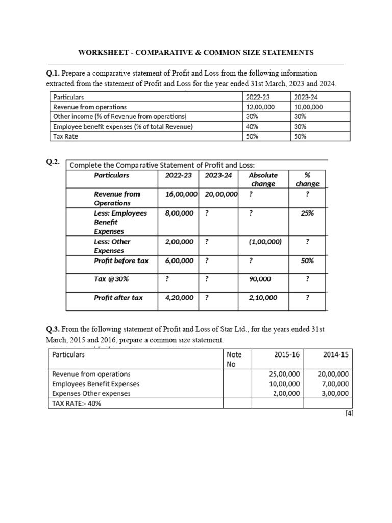 Comparative & Common Size Statements Worksheet | PDF