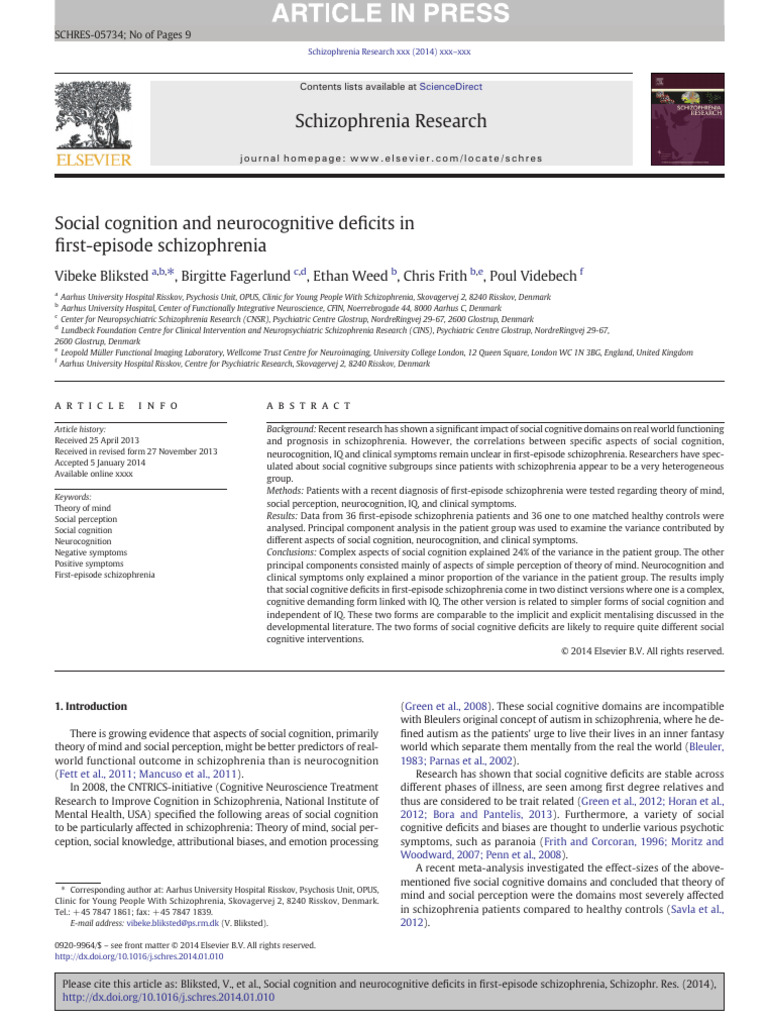 Social Cognition and Neurocognitive Defi | PDF | Schizophrenia ...