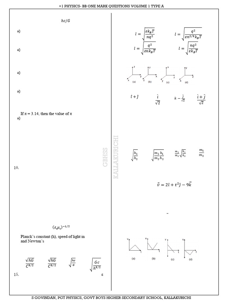 11-Physics Volume 1 - BB - One Mark - Type - A em | PDF | Force | Velocity