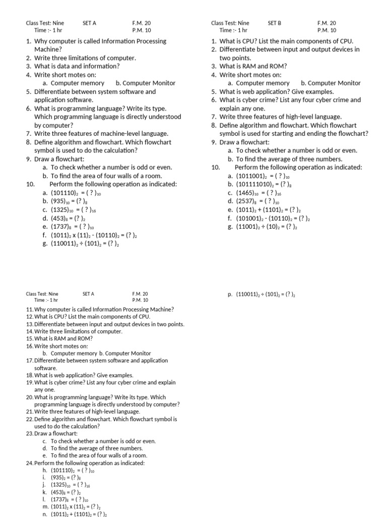 Class Test Questions on Computer Science | PDF | Programming Language ...