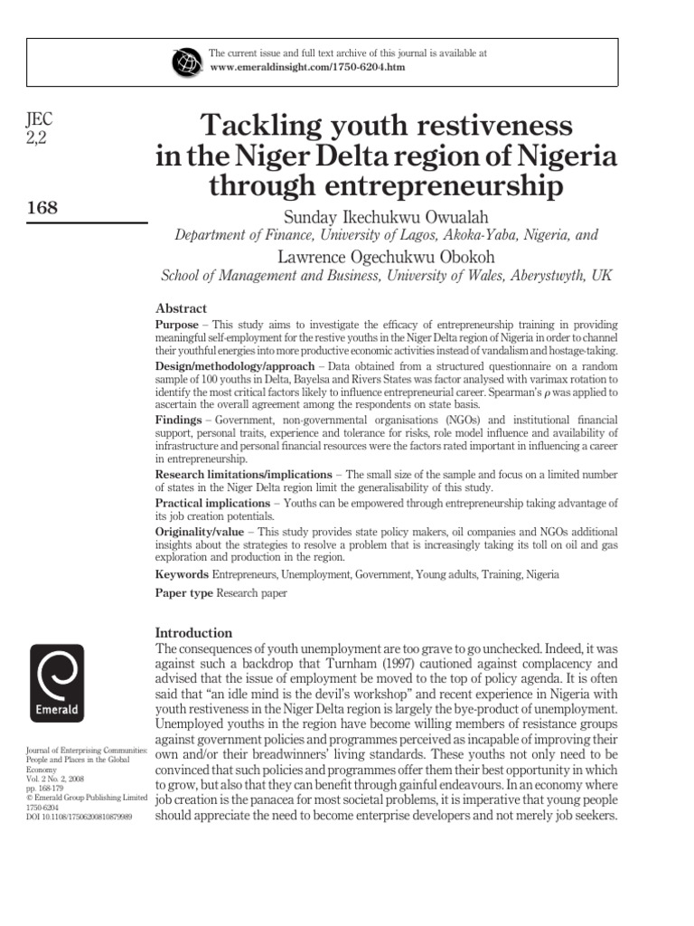 Youth Entrepreneurship in Niger Delta | PDF | Entrepreneurship ...