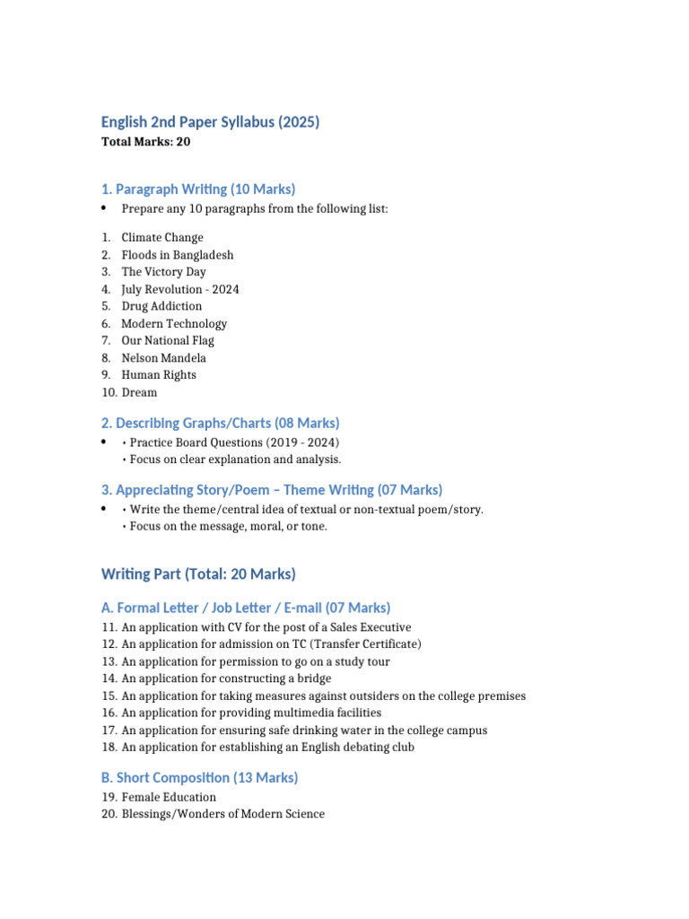 Hsc English 2nd Paper Syllabus 2025 Pdf