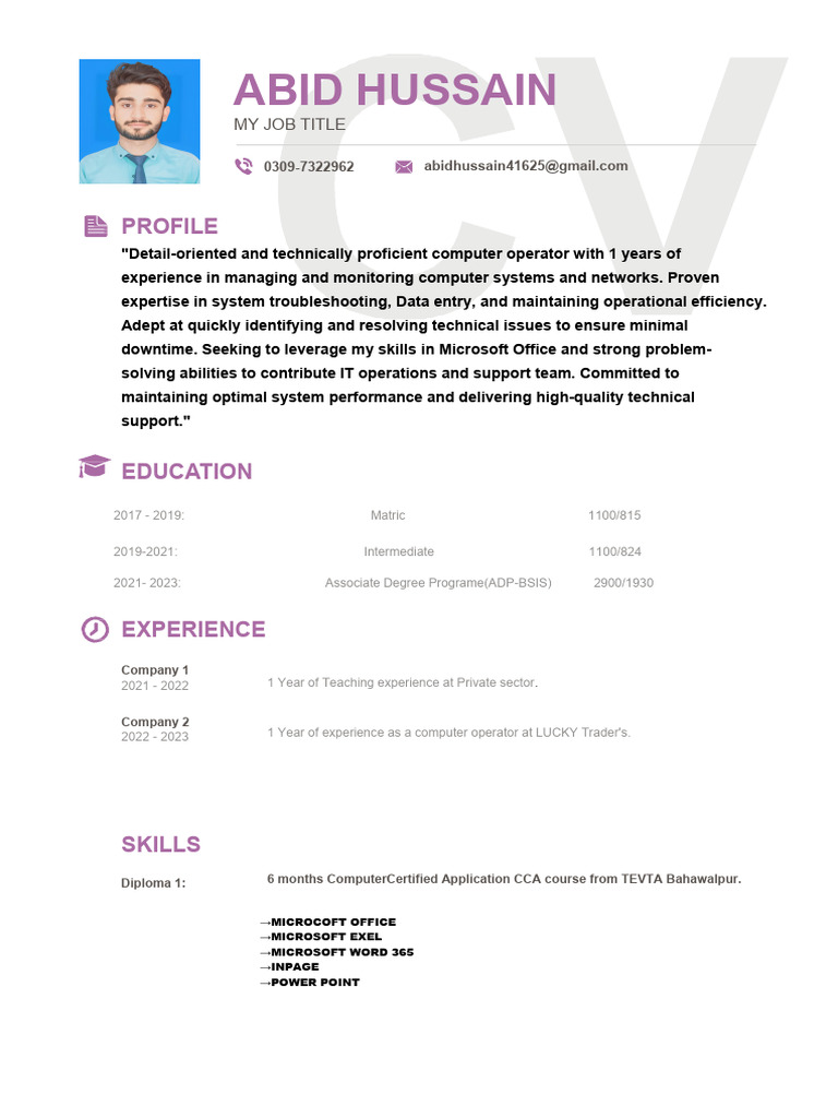Computer Operator Resume of Abid Hussain | PDF