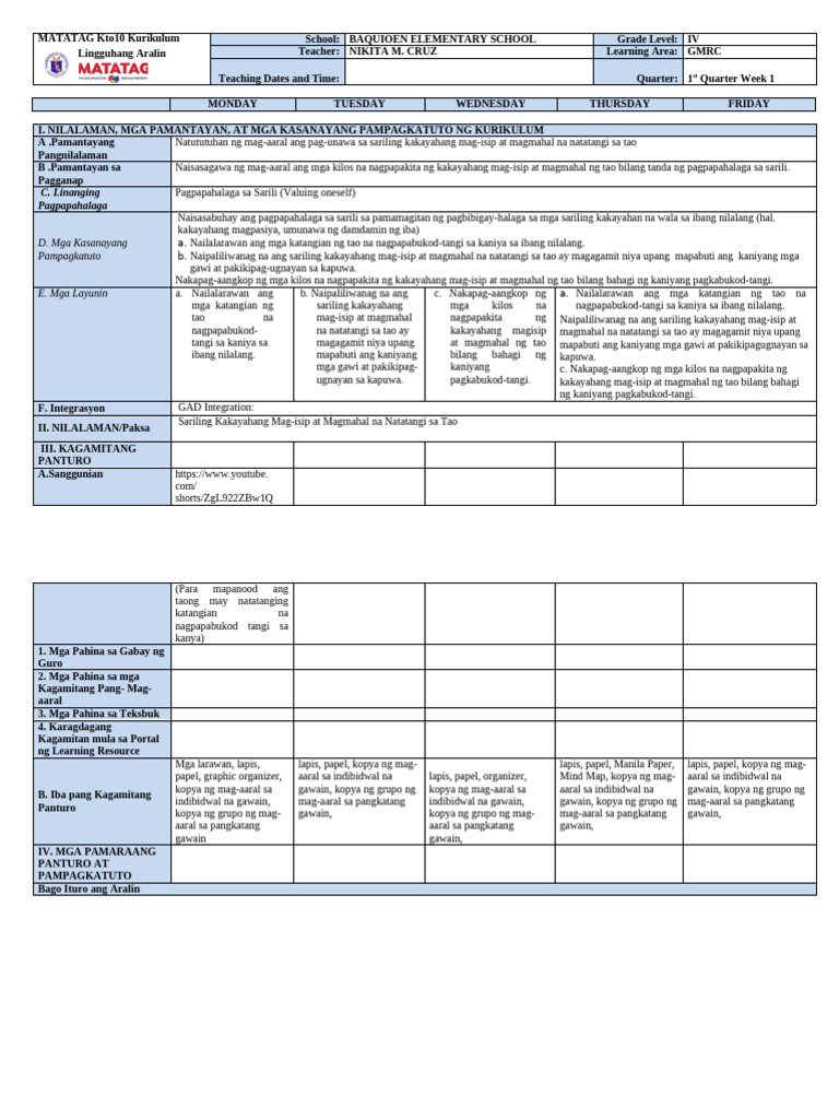 DLL - GMRC 4 - Q1 - W1 | PDF