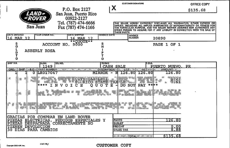 San Juan Invoice Quote for Land Rover Parts | PDF | Finance & Money ...