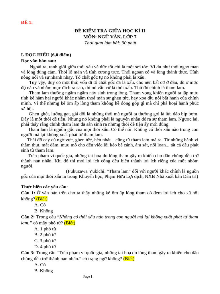 De Thi Hoc Ki 2 | PDF
