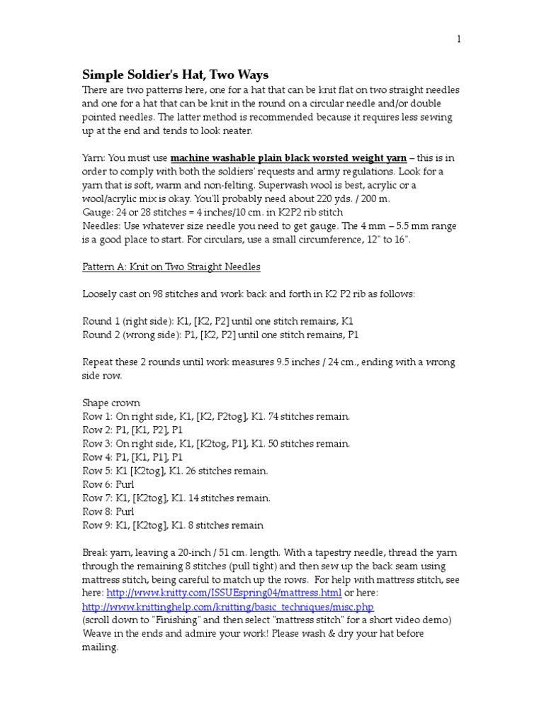 Soldier Hat PDF Knitting Yarn