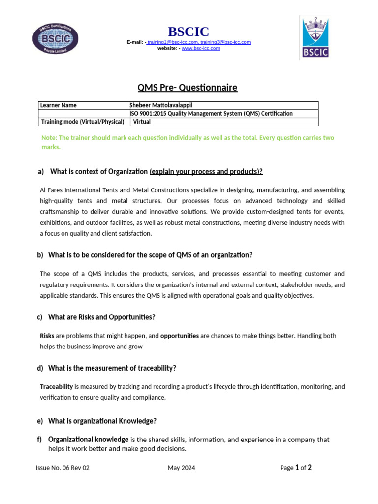 ISO 9001:2015 QMS Training Questionnaire | PDF | Verification And ...