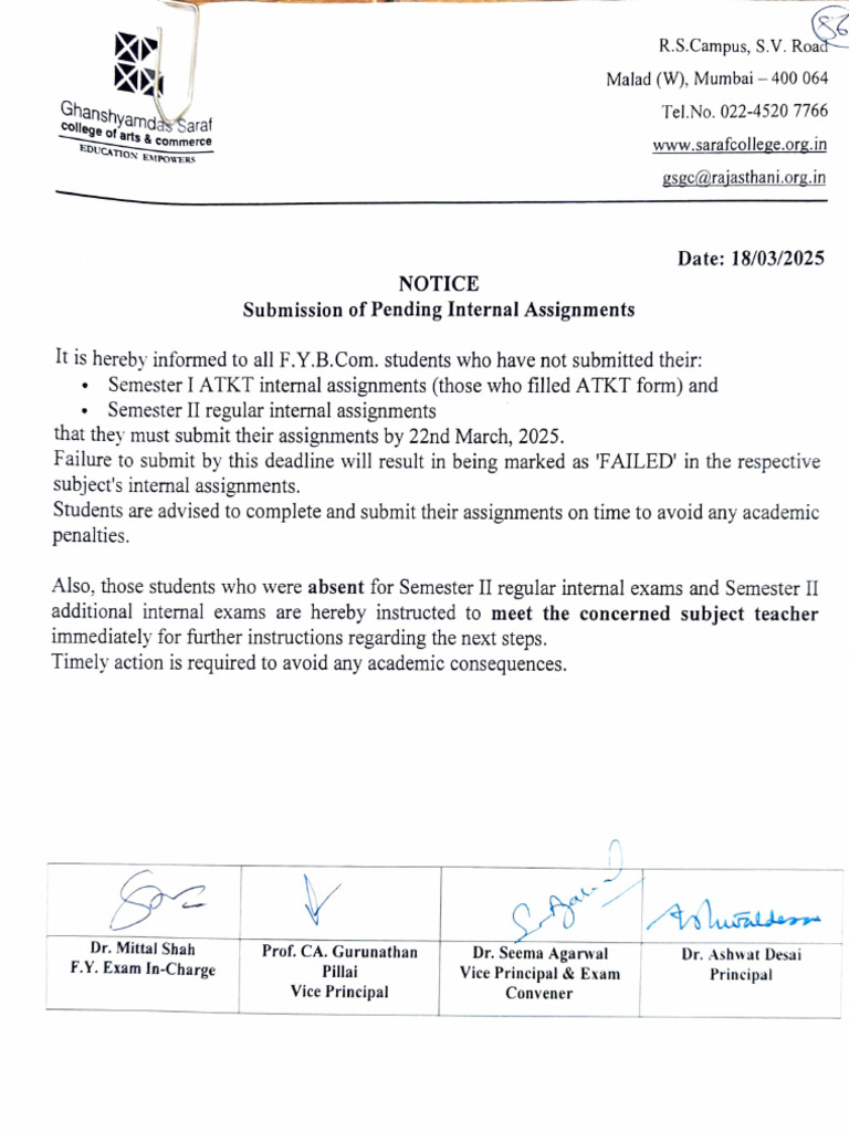 Submission of Pending Internal Assignment | PDF