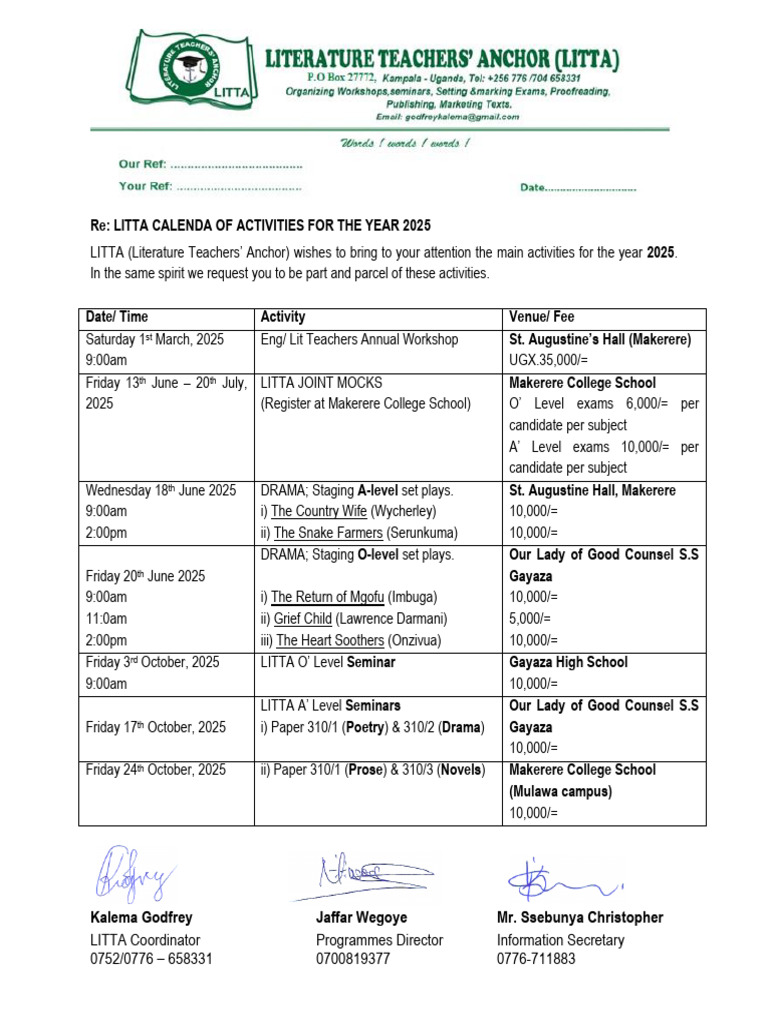 LITTA 2025 Activities Schedule | PDF