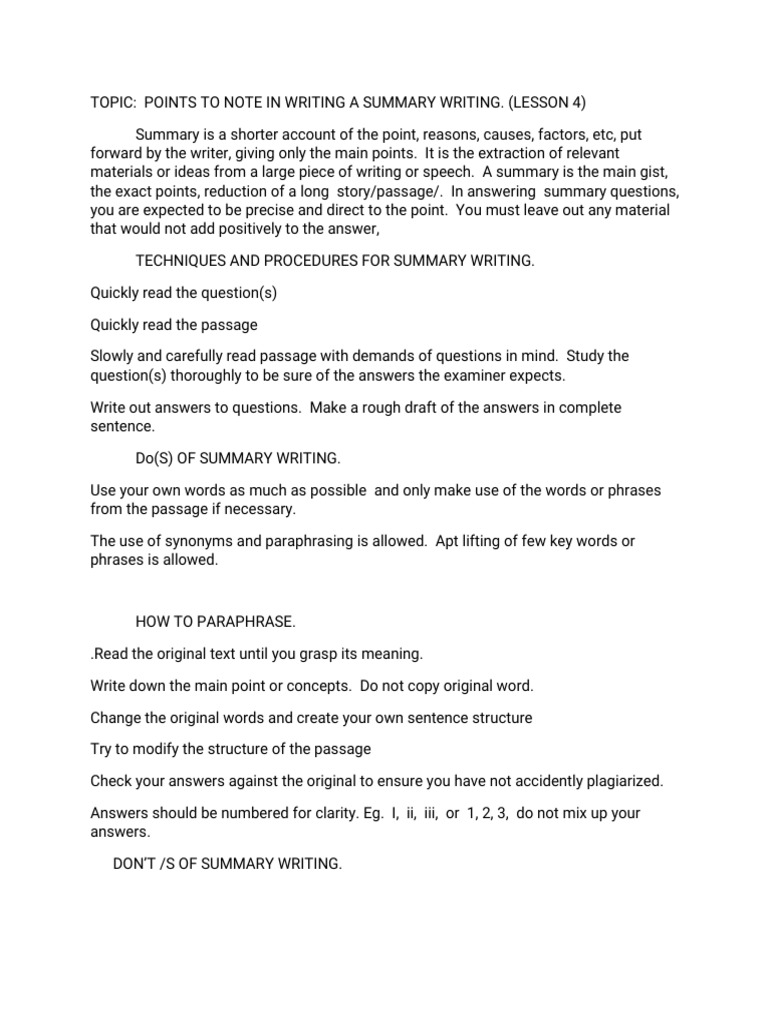 Summary Writing Techniques Explained | PDF