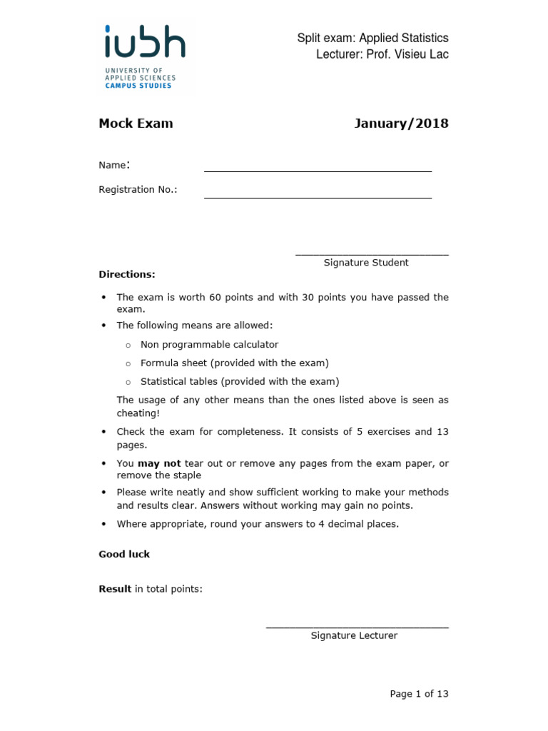 Applied Statistics Mock Exam January 2018 | PDF | Errors And Residuals ...