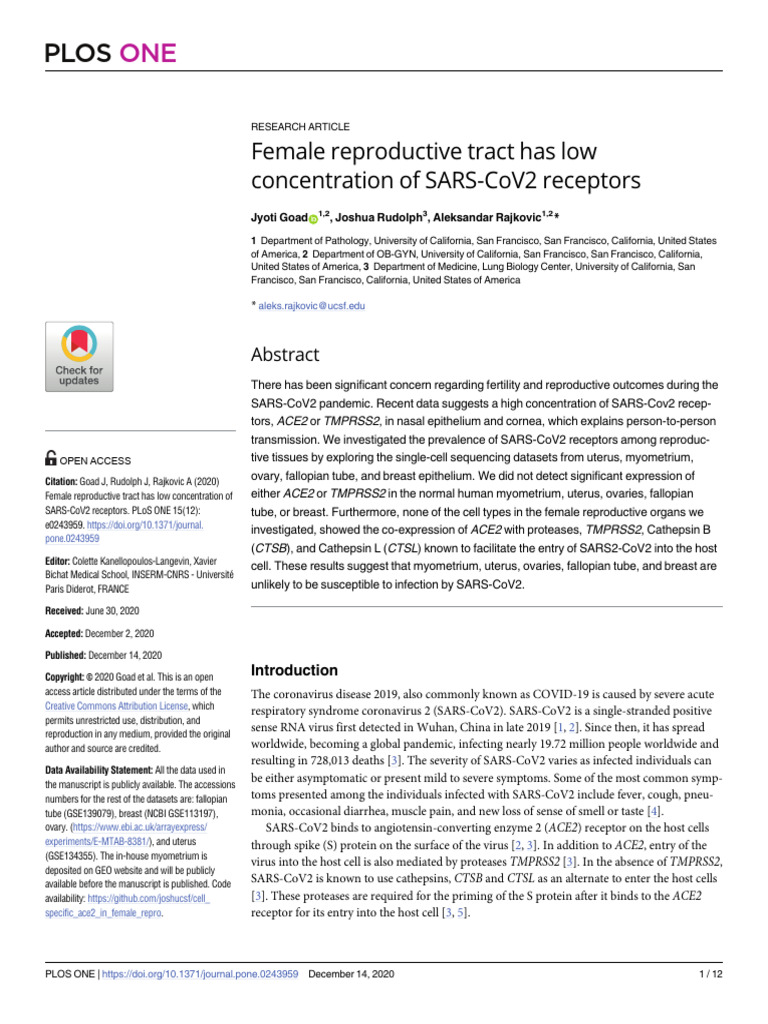 Goad-2020-Female Reproductive Tract Has Low Co | PDF | Ovary | Uterus