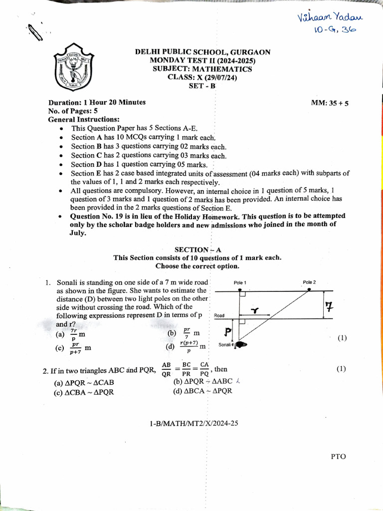 Dps Mt-2 Class X Math (1) - 1 | PDF | Perpendicular | Elementary ...