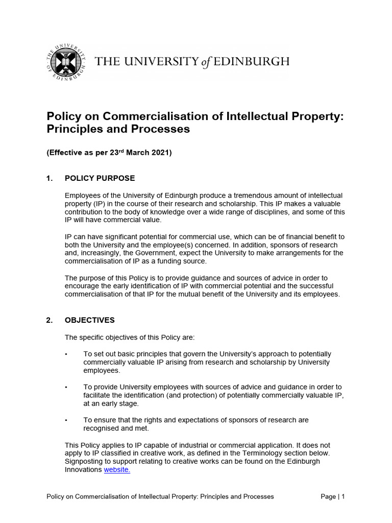 University IP Commercialisation Policy | PDF | Intellectual Property ...