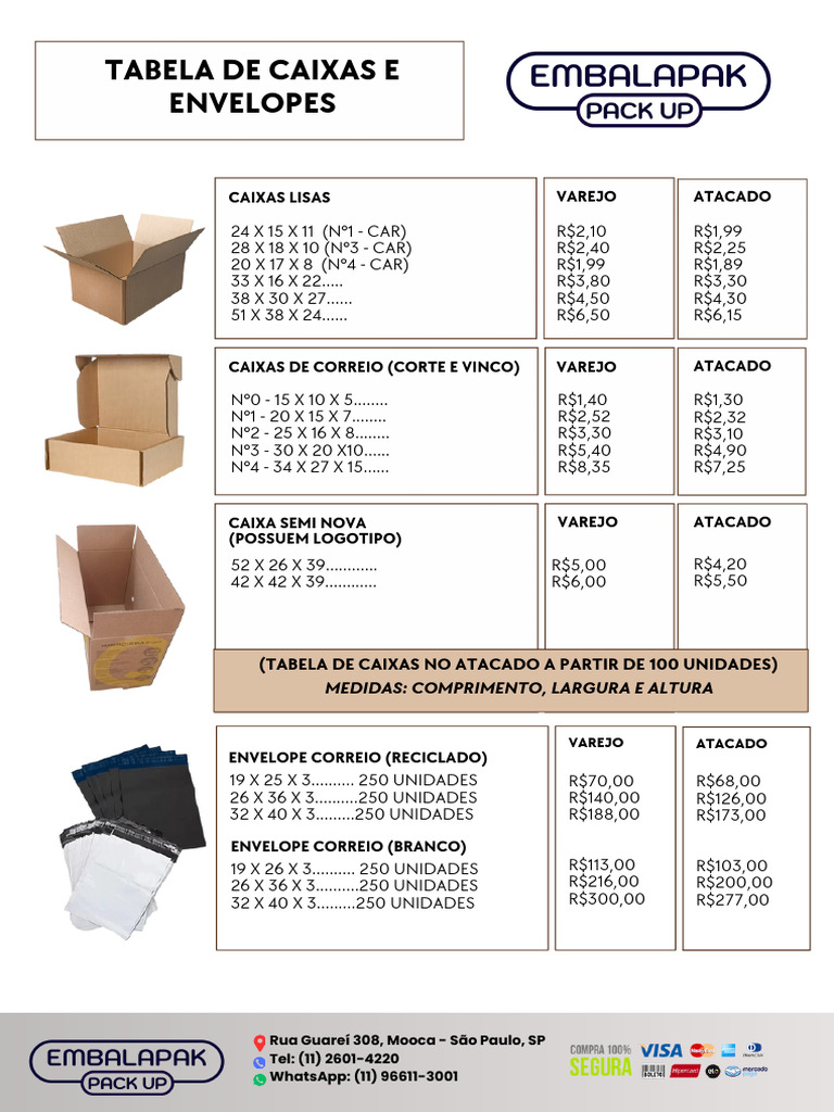 Tabela de Preços: Caixas e Envelopes SP | PDF