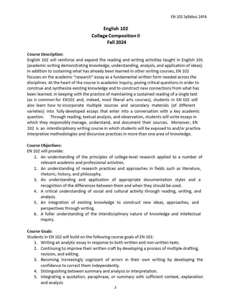 English 102 Syllabus Overview | PDF | Essays | Knowledge