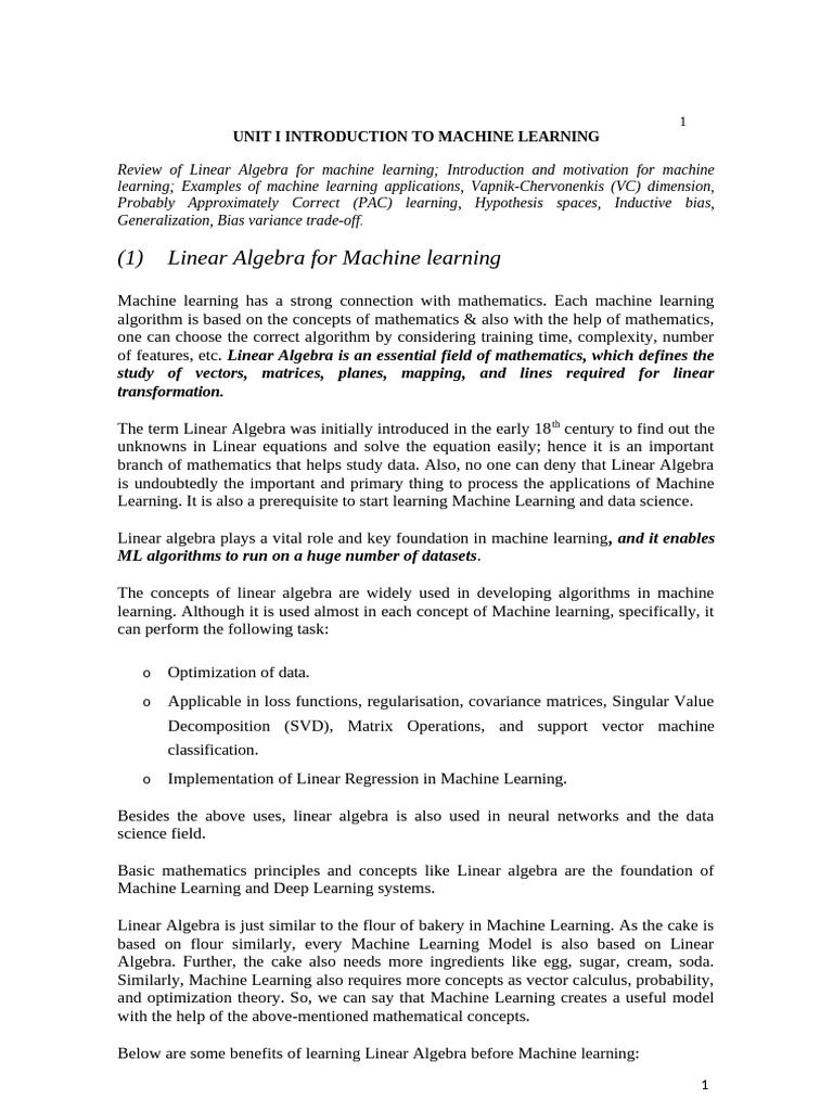 Linear Algebra's Role in Machine Learning | PDF | Machine Learning ...
