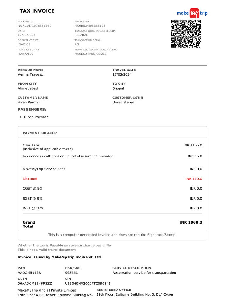 Invoice for Bus Fare from Ahmedabad to Bhopal | PDF | Invoice | Payments