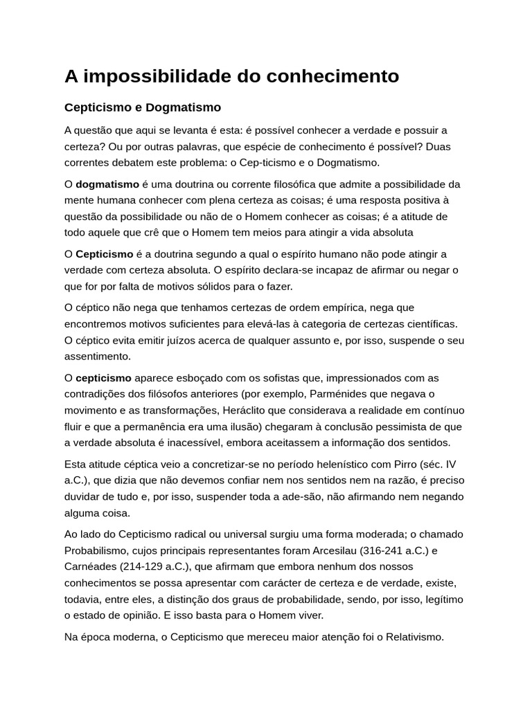 Ceticismo e Dogmatismo no Conhecimento | PDF | Immanuel Kant | Conhecimento