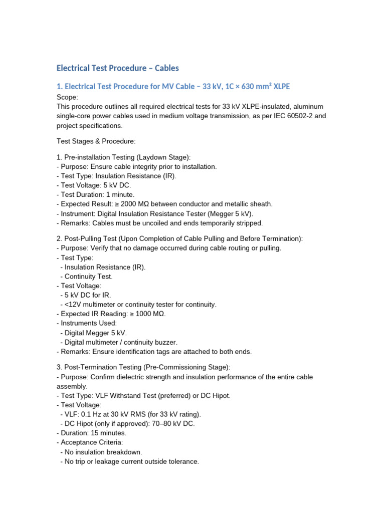 MV Cable Electrical Test Procedure | PDF | Insulator (Electricity ...