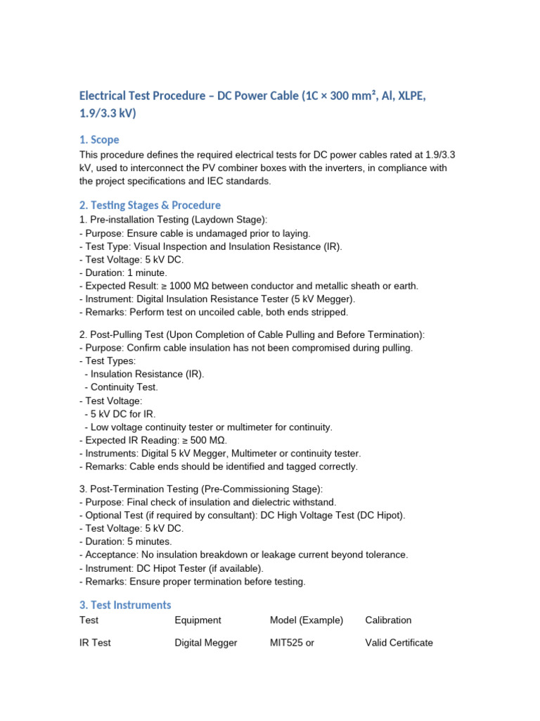 DC Power Cable Testing Procedure | PDF | Insulator (Electricity) | High ...