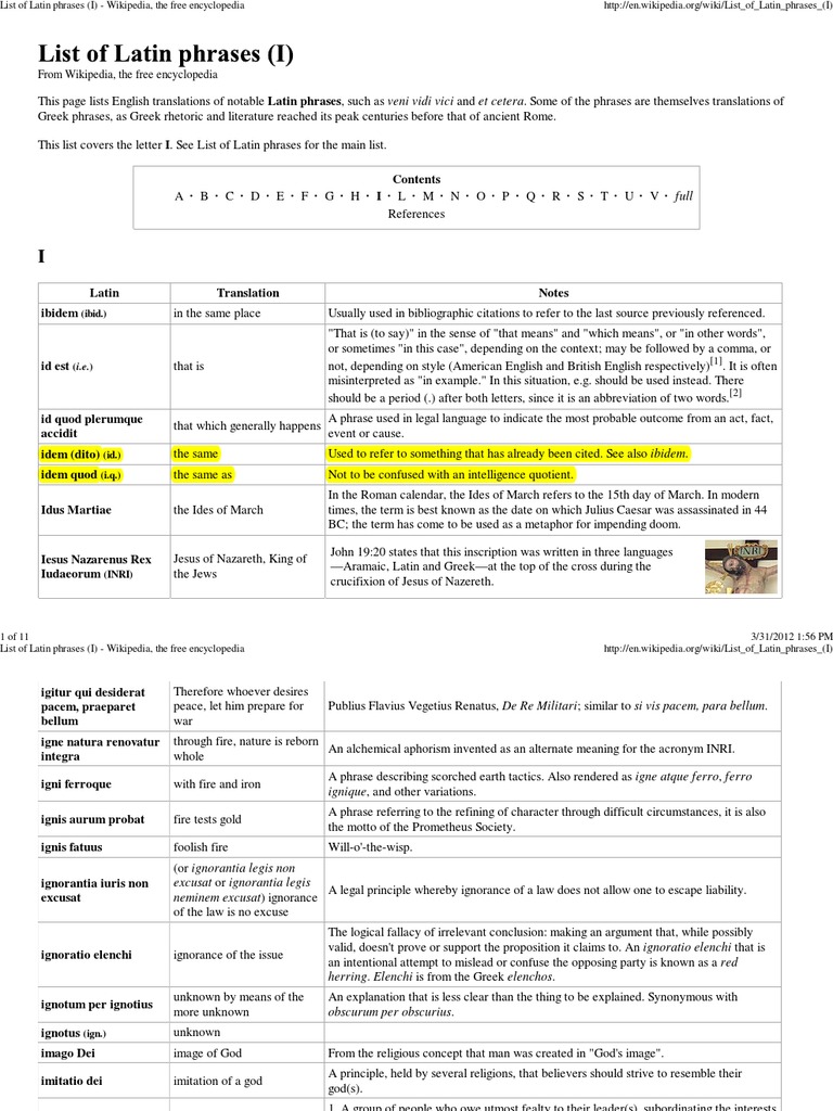 List of Latin Phrases (I) - Wikipedia, The Free Encyclopedia | Unrest